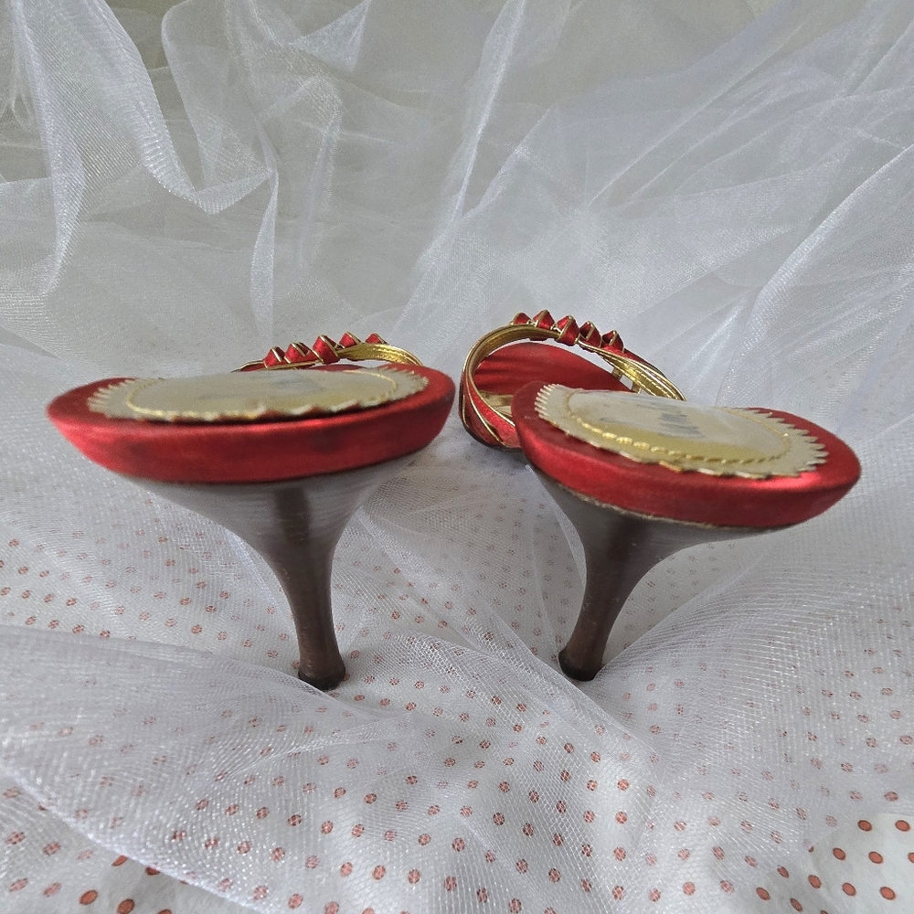 S O L D Sam & Libby Red/Gold Strappy Backless Heels w/Decorative Knots Size 9M - Picture 4 of 11